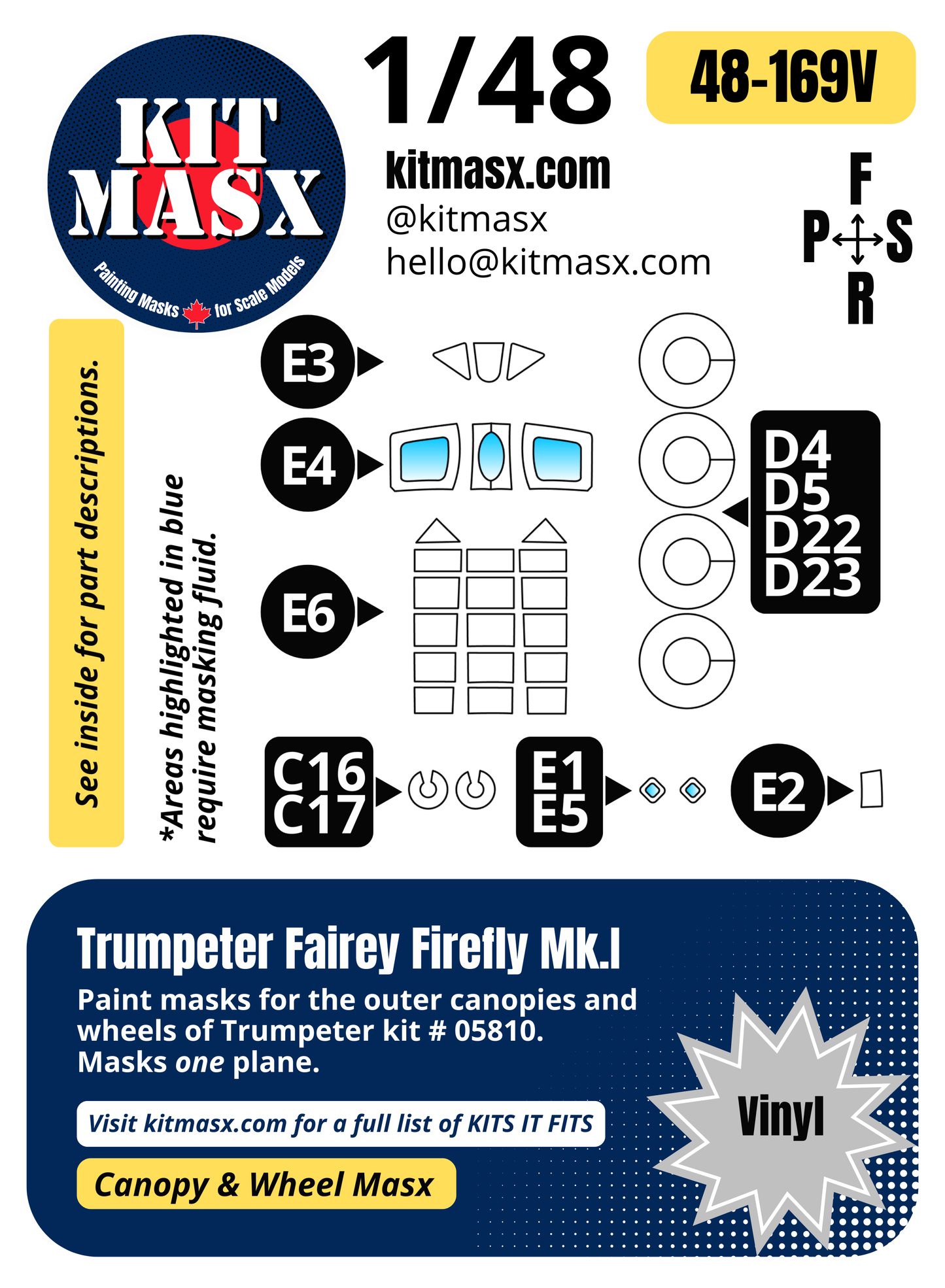 Trumpeter Fairey Firefly Mk.I 1/48 Canopy & Wheel Paint Masks, Kit # 05810