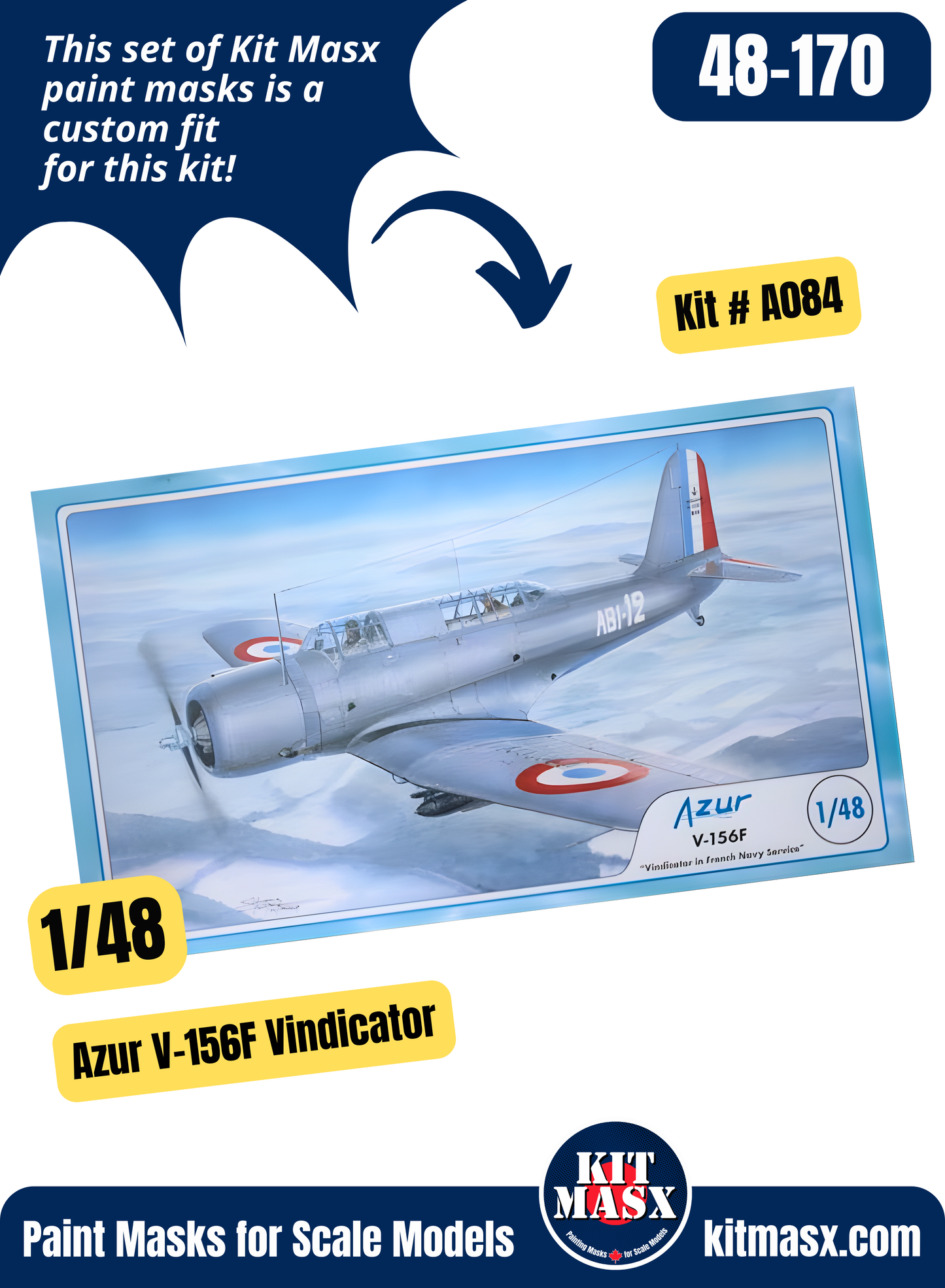 Azur Vought SB2U-1/U-2/U-3, V-156-B1/F "Vindicator" 1/48 Canopy Paint Masks, Kit # A084