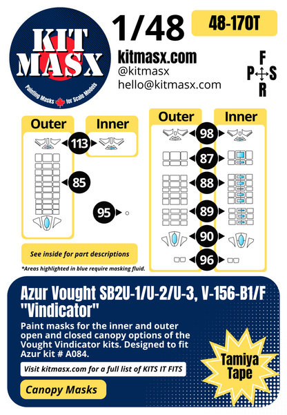 Azur Vought SB2U-1/U-2/U-3, V-156-B1/F "Vindicator" 1/48 Canopy Paint Masks, Kit # A084