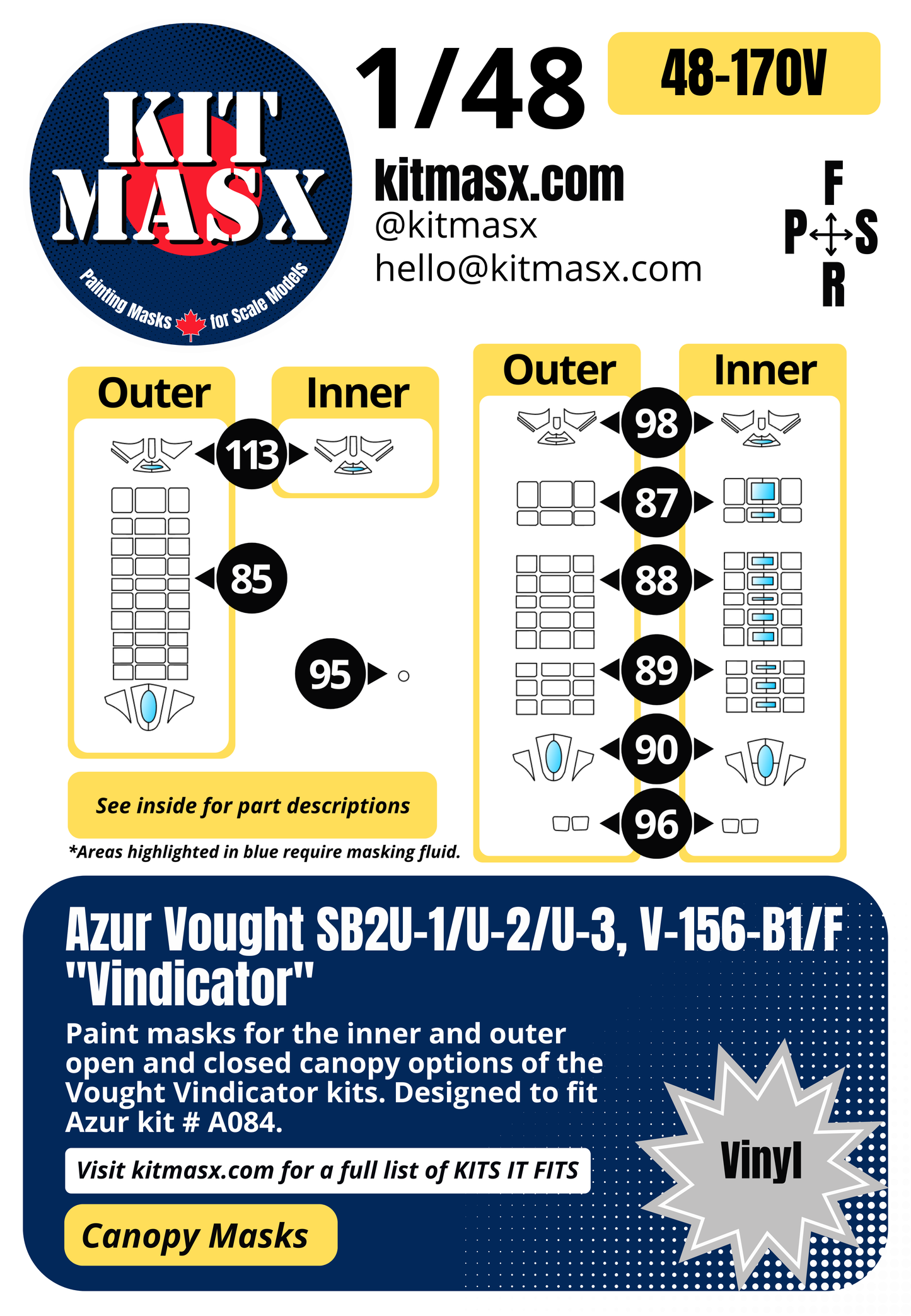 Azur Vought SB2U-1/U-2/U-3, V-156-B1/F "Vindicator" 1/48 Canopy Paint Masks, Kit # A084