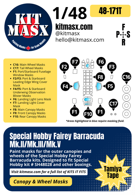 Special Hobby Fairey Barracuda Mk.II/Mk.III/Mk.V 1/48 Canopy & Wheel Paint Masks, Kit # SH48028