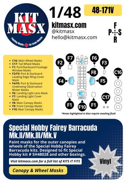 Special Hobby Fairey Barracuda Mk.II/Mk.III/Mk.V 1/48 Canopy & Wheel Paint Masks, Kit # SH48028