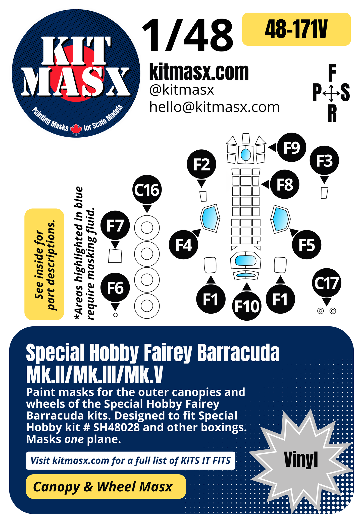 Special Hobby Fairey Barracuda Mk.II/Mk.III/Mk.V 1/48 Canopy & Wheel Paint Masks, Kit # SH48028 (48171)