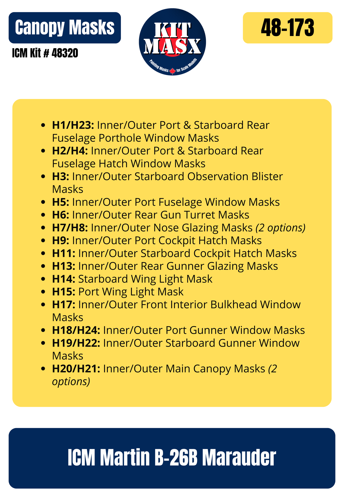 ICM Martin B-26B Marauder 1/48 Canopy Paint Masks, Kit # 48320