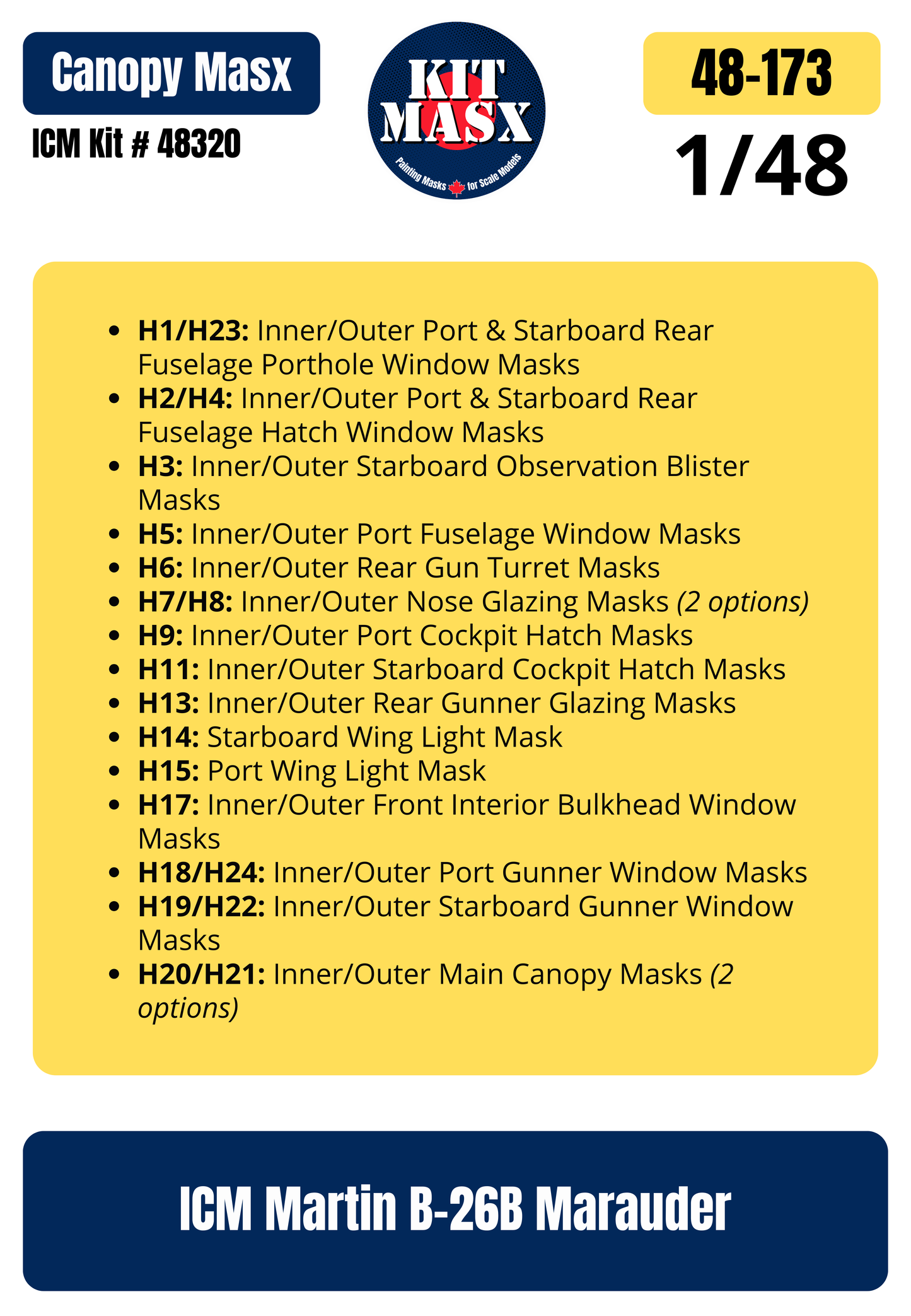 ICM Martin B-26B Marauder 1/48 Canopy Paint Masks, Kit # 48320 (48173)