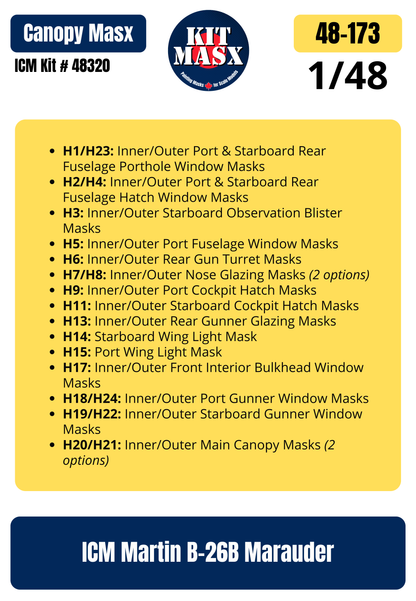 ICM Martin B-26B Marauder 1/48 Canopy Paint Masks, Kit # 48320 (48173)