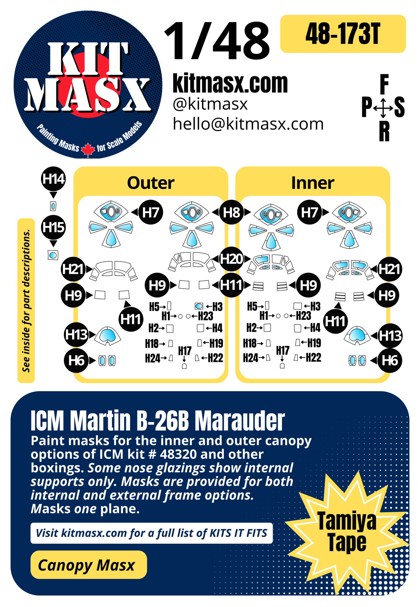 ICM Martin B-26B Marauder 1/48 Canopy Paint Masks, Kit # 48320 (48173)