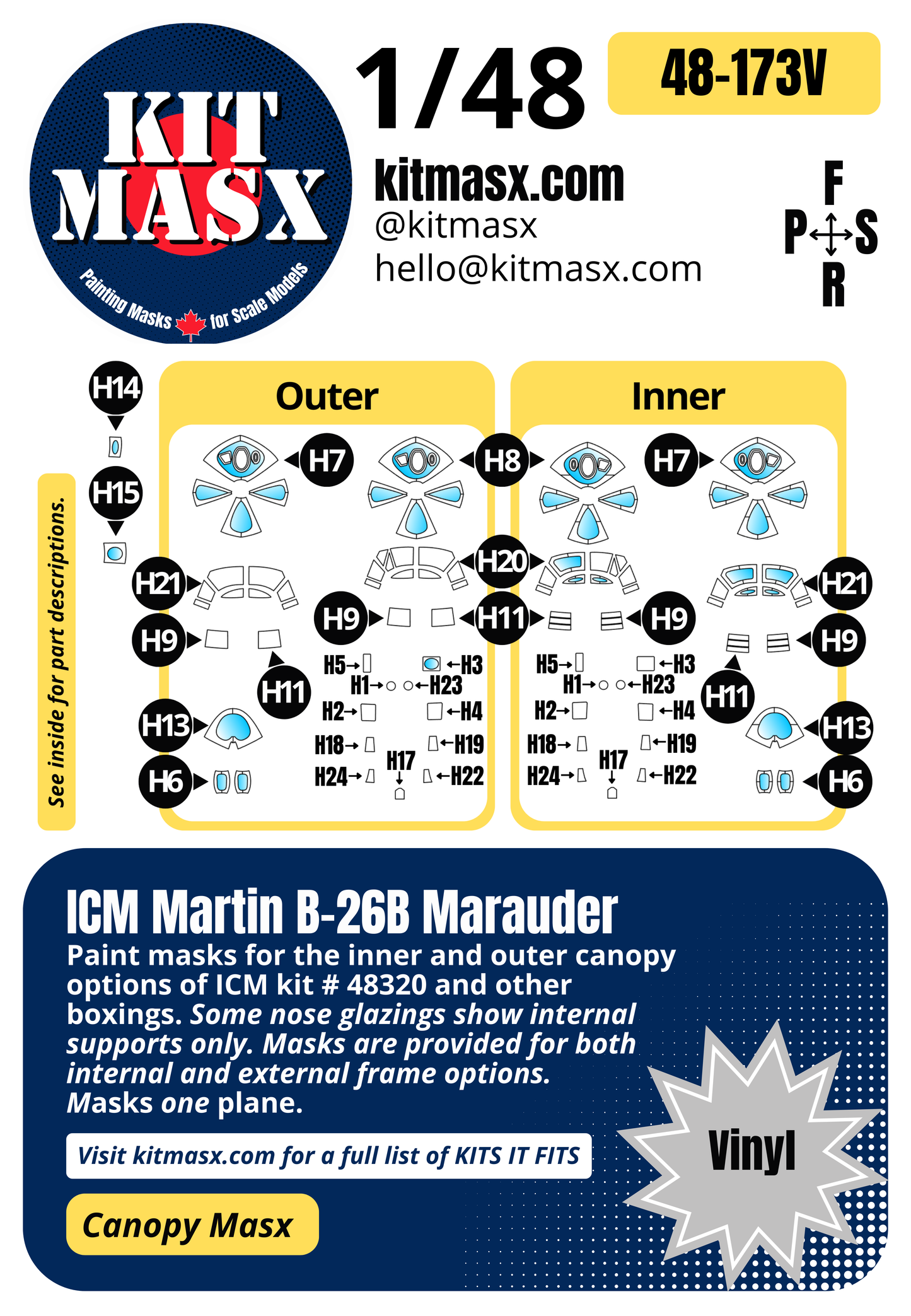 ICM Martin B-26B Marauder 1/48 Canopy Paint Masks, Kit # 48320 (48173)