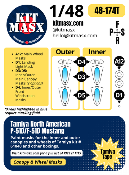Tamiya North American P-51D/F-51D Mustang 1/48 Canopy & Wheel Paint Masks, Kit # 61040