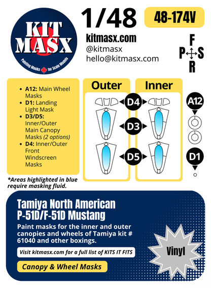 Tamiya North American P-51D/F-51D Mustang 1/48 Canopy & Wheel Paint Masks, Kit # 61040