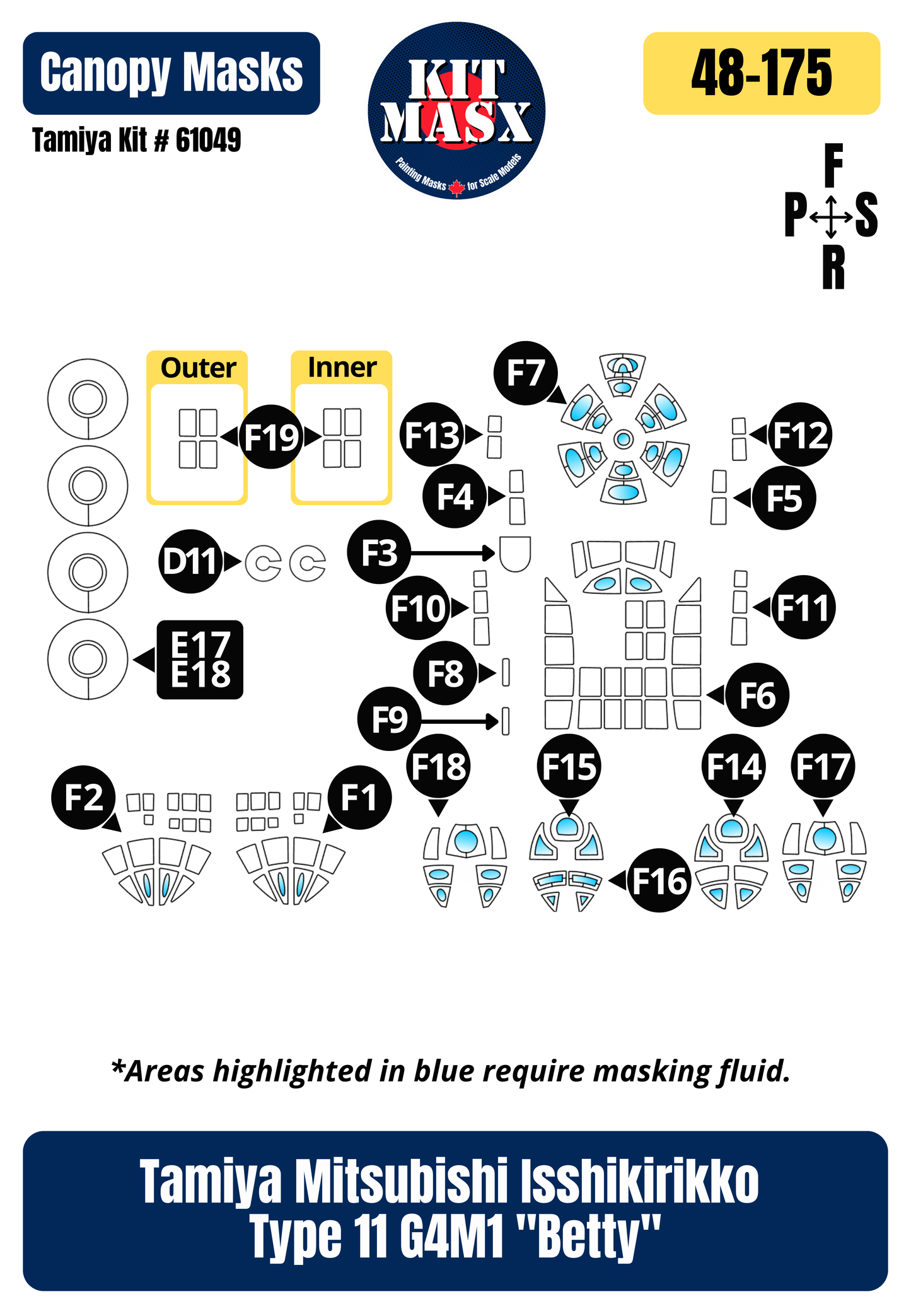 Tamiya Mitsubishi Isshikirikko Type 11 G4M1 "Betty" 1/48 Canopy & Wheel Paint Masks, Kit # 61049