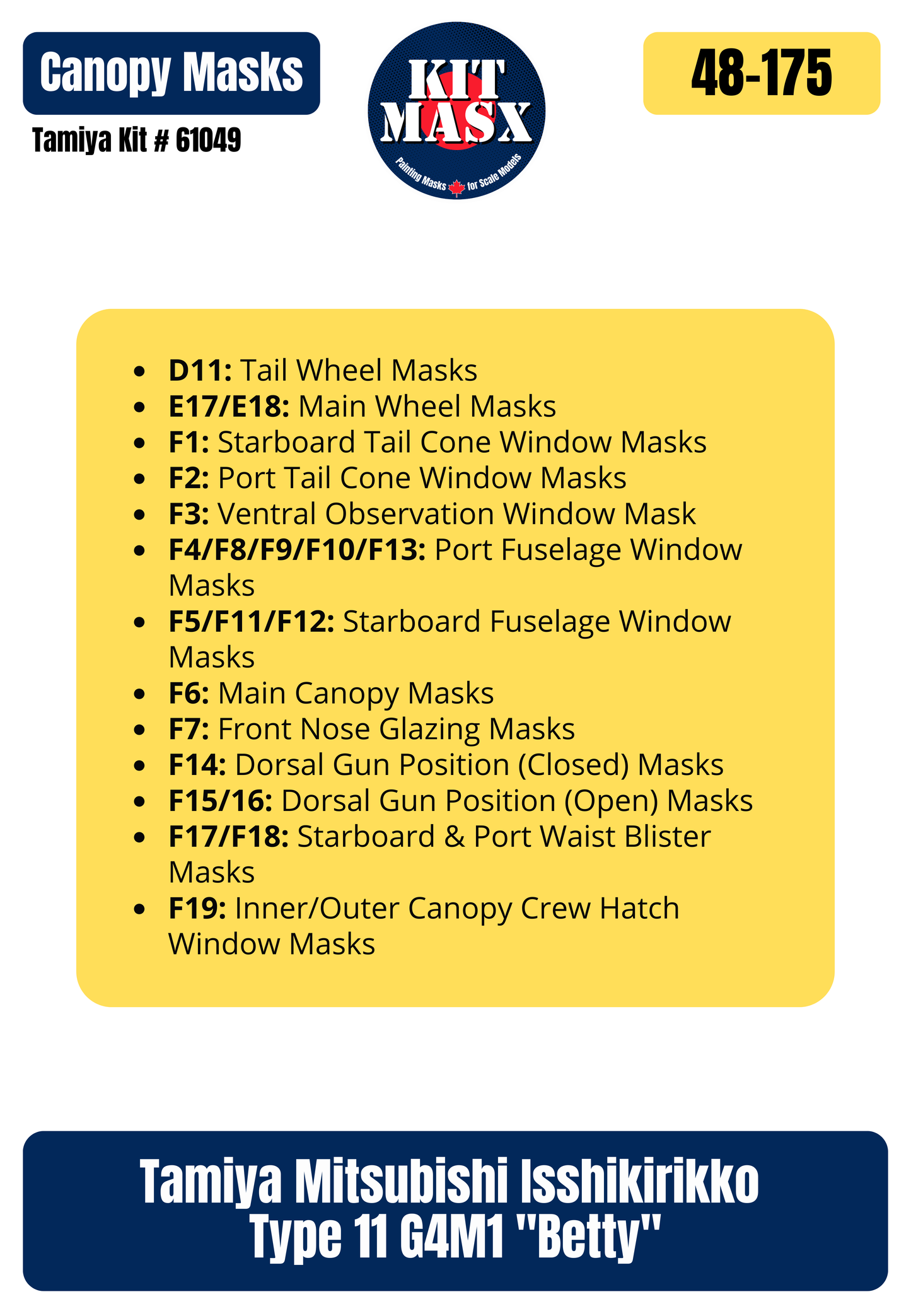 Tamiya Mitsubishi Isshikirikko Type 11 G4M1 "Betty" 1/48 Canopy & Wheel Paint Masks, Kit # 61049