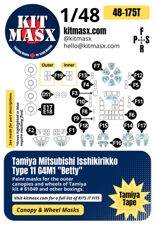 Tamiya Mitsubishi Isshikirikko Type 11 G4M1 "Betty" 1/48 Canopy & Wheel Paint Masks, Kit # 61049