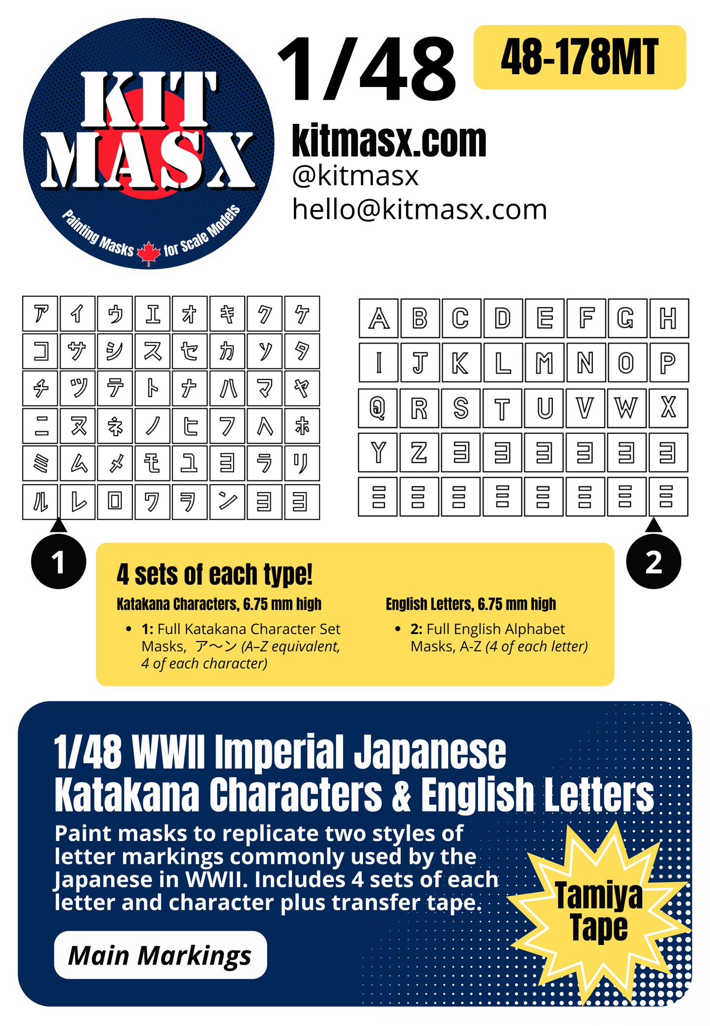 WWII Imperial Japanese Katakana Characters & English Letters 1/48 Main Marking Paint Masks