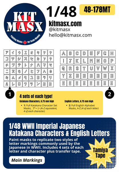WWII Imperial Japanese Katakana Characters & English Letters 1/48 Main Marking Paint Masks