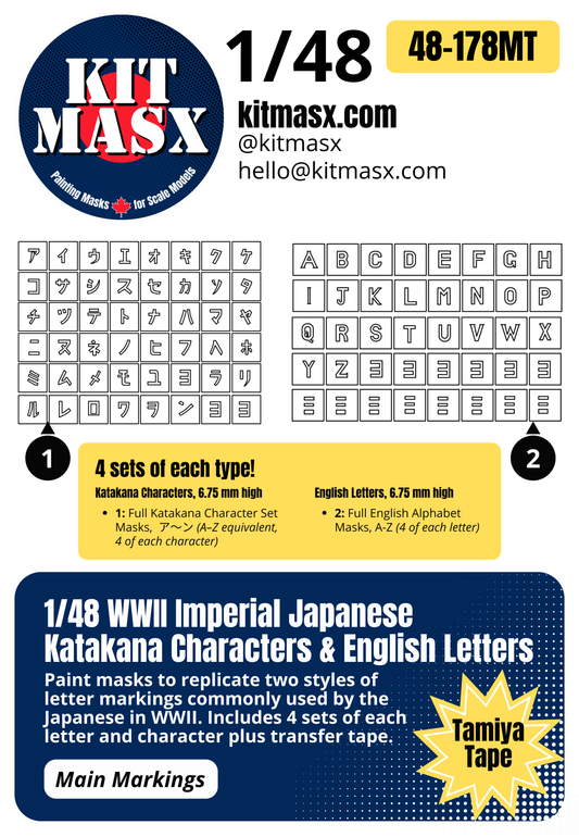 WWII Imperial Japanese Katakana Characters & English Letters 1/48 Main Marking Paint Masks