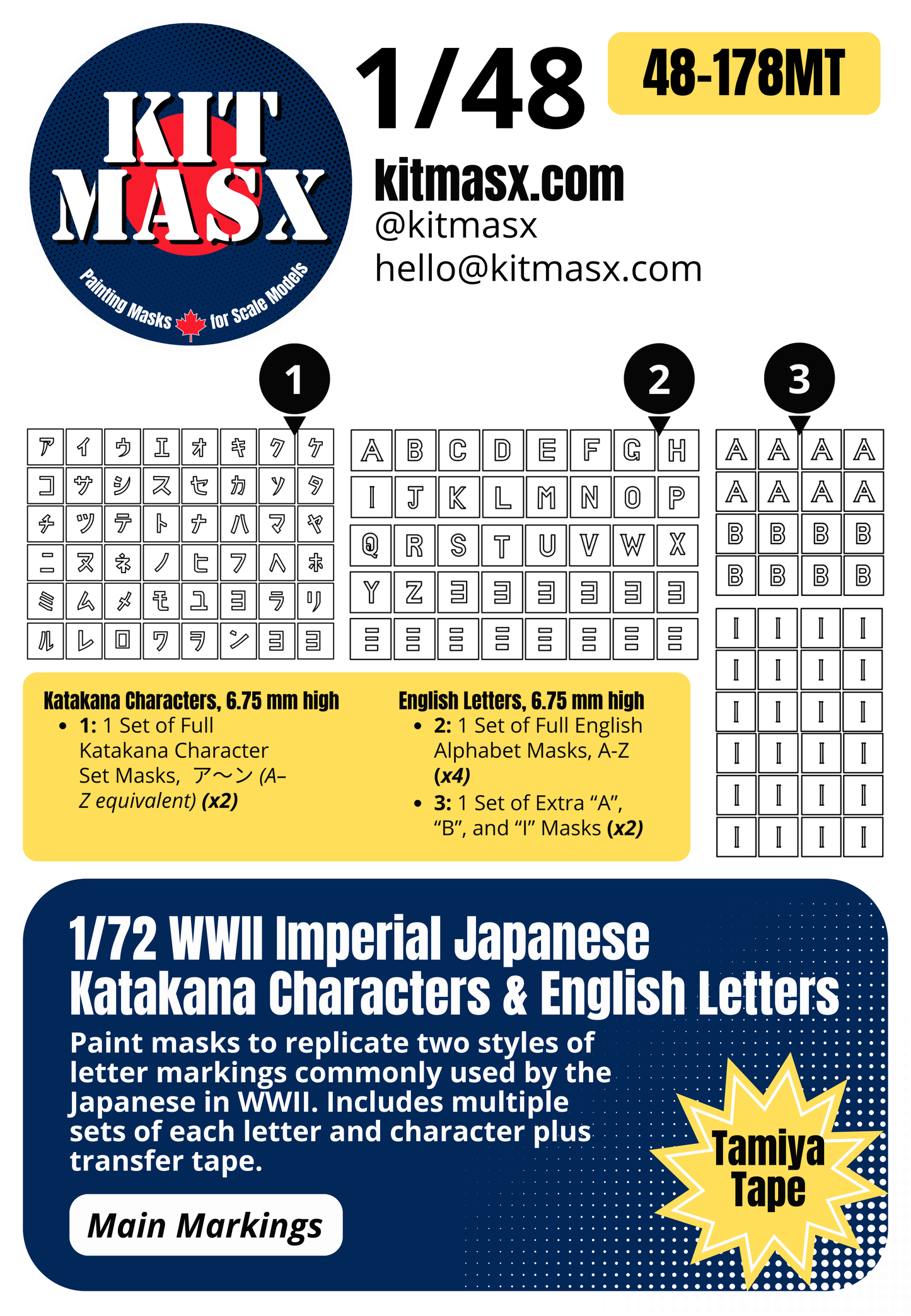WWII Imperial Japanese Katakana Characters & English Letters 1/48 Main Marking Paint Masks
