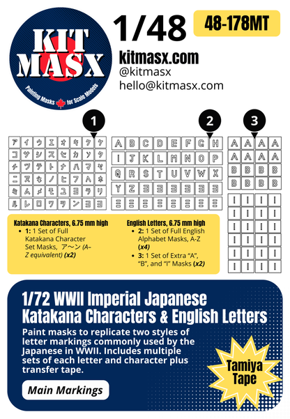WWII Imperial Japanese Katakana Characters & English Letters 1/48 Main Marking Paint Masks
