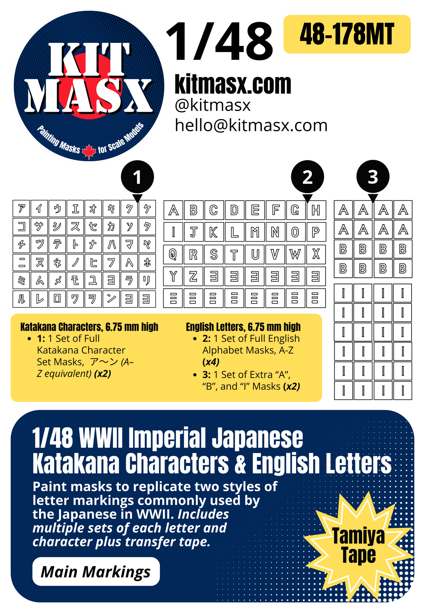 WWII Imperial Japanese Katakana Characters & English Letters 1/48 Code & Serial Paint Masks