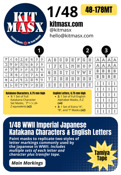 WWII Imperial Japanese Katakana Characters & English Letters 1/48 Code & Serial Paint Masks