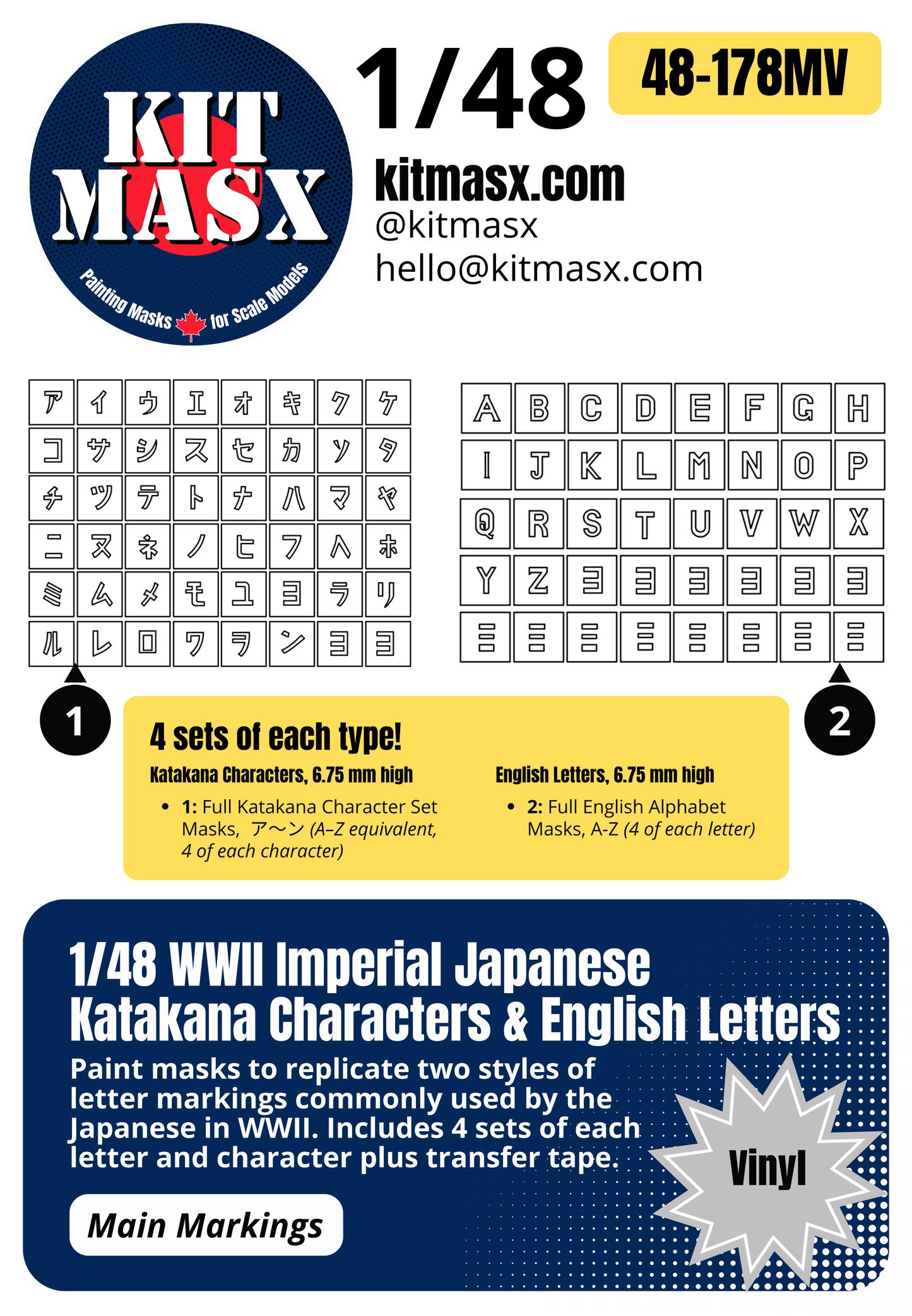WWII Imperial Japanese Katakana Characters & English Letters 1/48 Main Marking Paint Masks