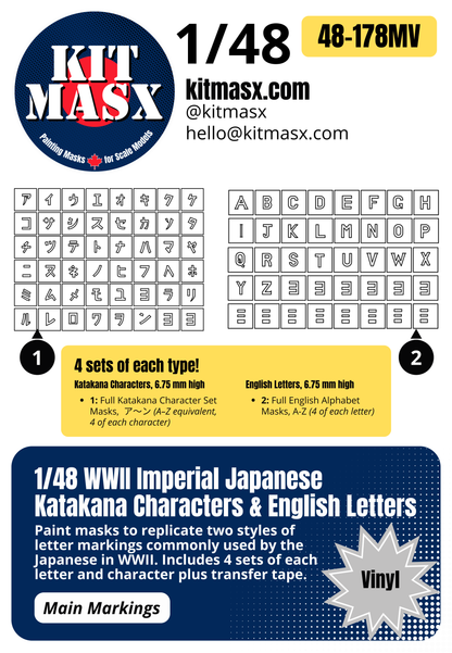 WWII Imperial Japanese Katakana Characters & English Letters 1/48 Main Marking Paint Masks
