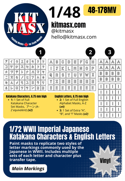 WWII Imperial Japanese Katakana Characters & English Letters 1/48 Main Marking Paint Masks