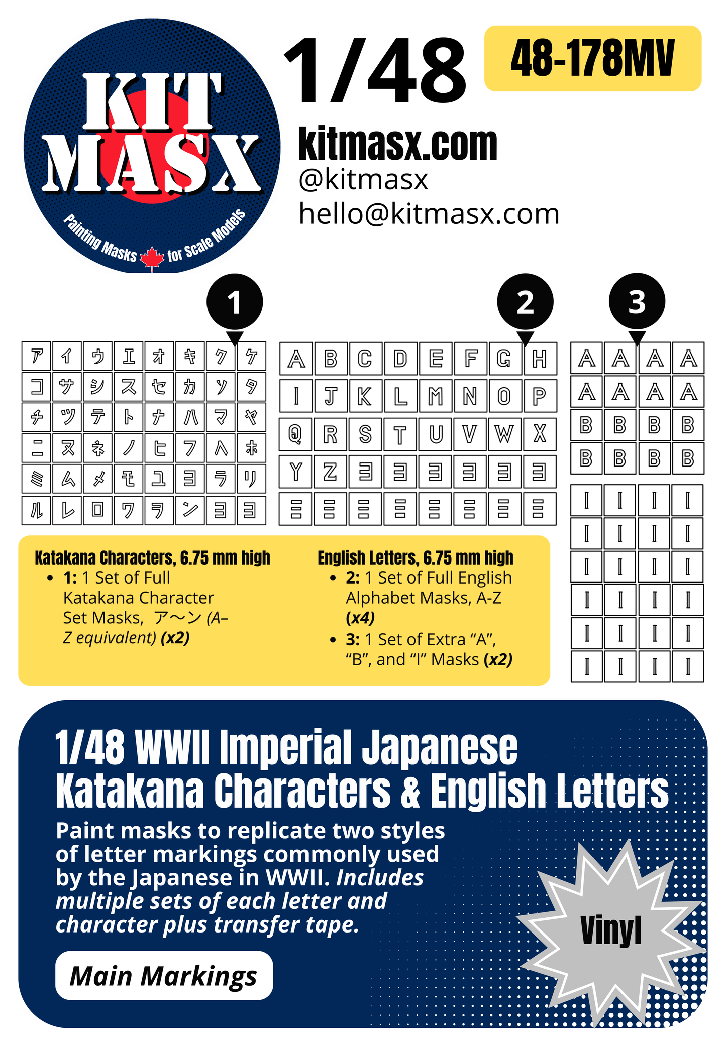 WWII Imperial Japanese Katakana Characters & English Letters 1/48 Code & Serial Paint Masks