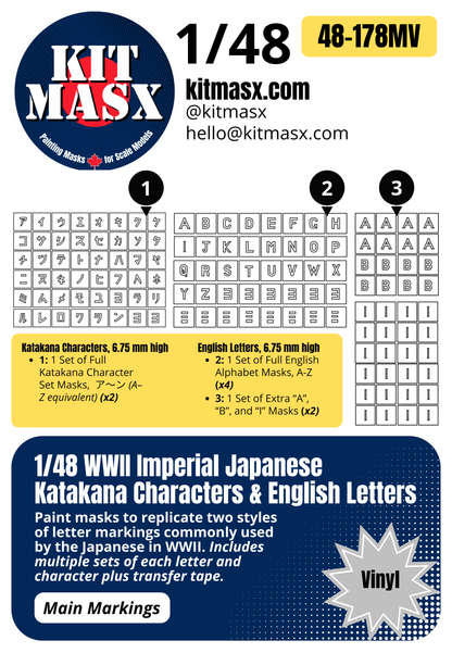 WWII Imperial Japanese Katakana Characters & English Letters 1/48 Code & Serial Paint Masks