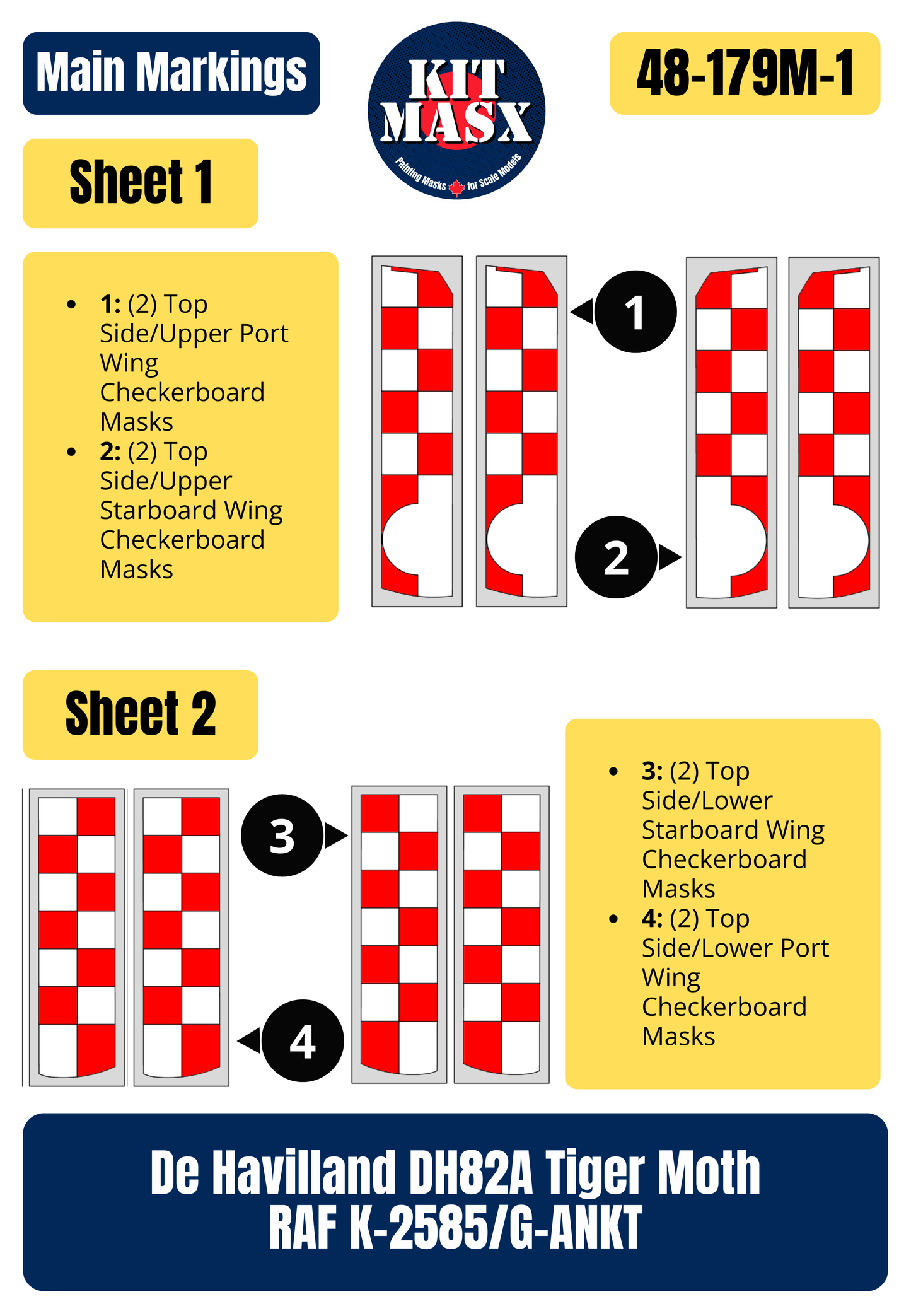 De Havilland DH82A Tiger Moth RAF K-2585/G-ANKT 1/48 Main Marking Paint Masks