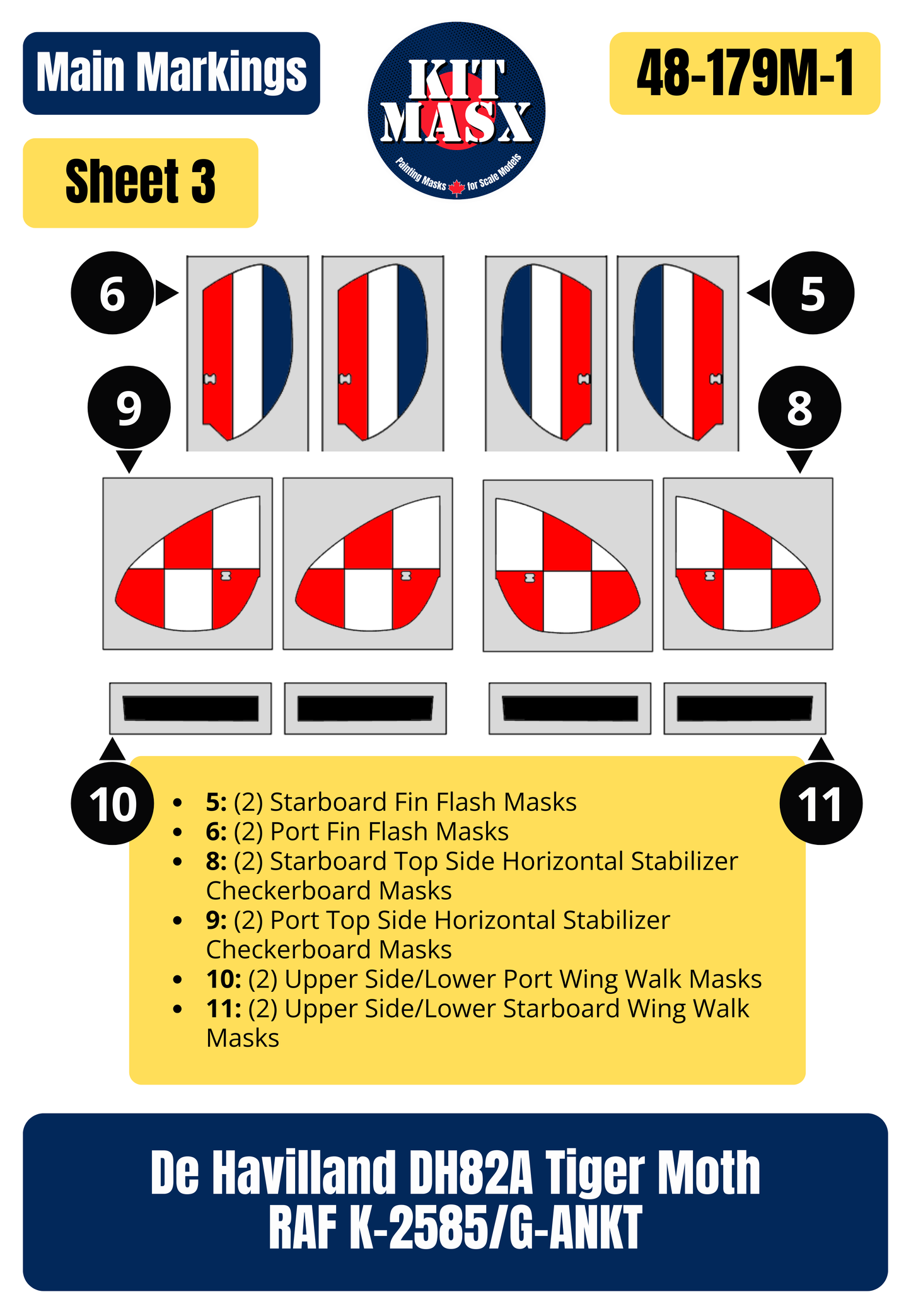 De Havilland DH82A Tiger Moth RAF K-2585/G-ANKT 1/48 Main Marking Paint Masks