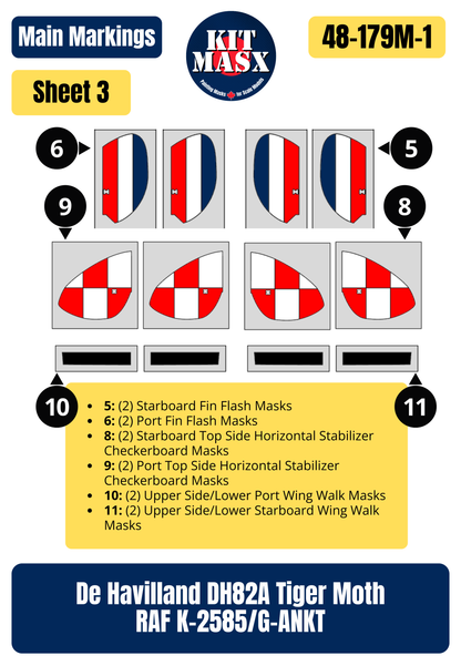 De Havilland DH82A Tiger Moth RAF K-2585/G-ANKT 1/48 Main Marking Paint Masks