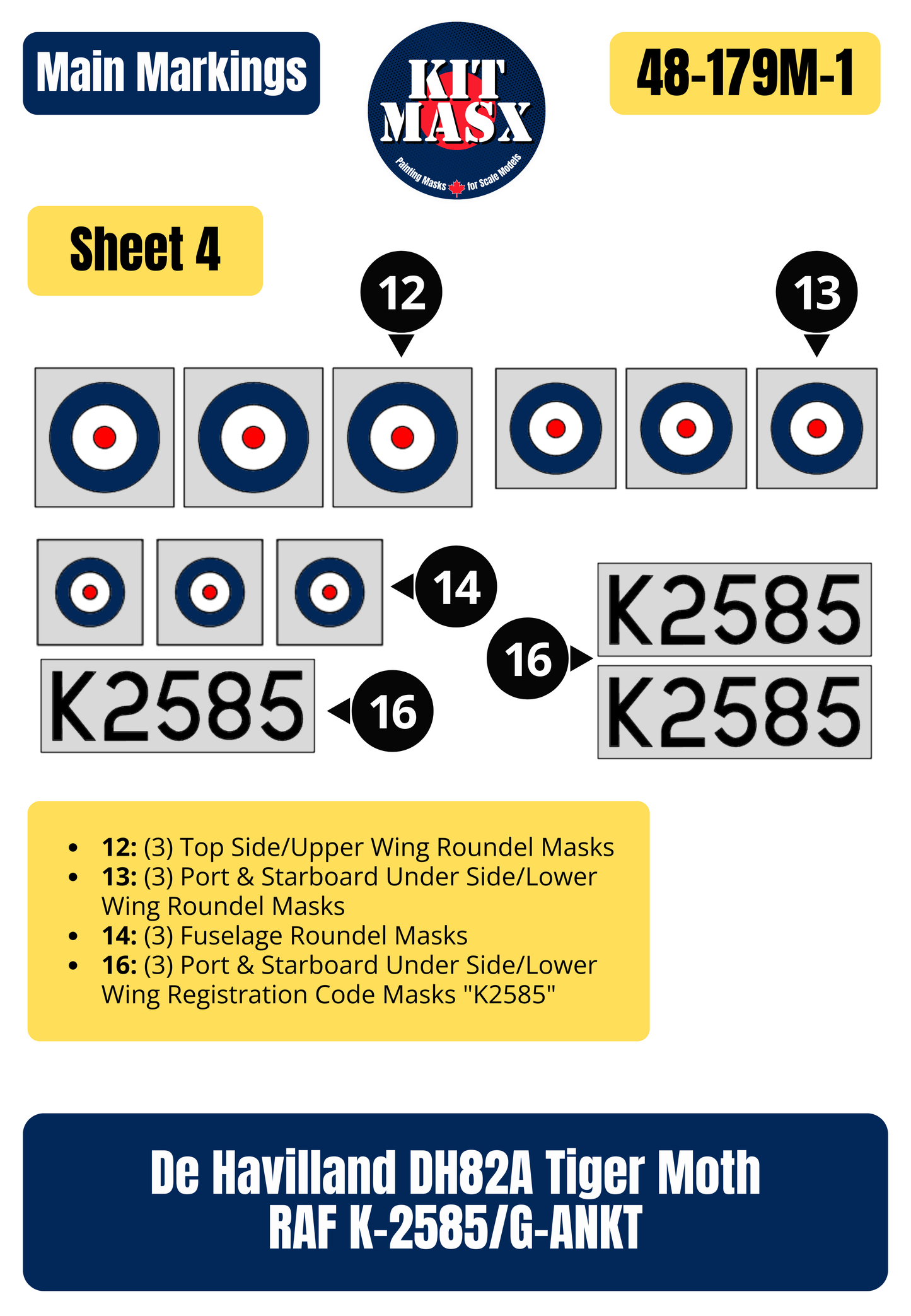 De Havilland DH82A Tiger Moth RAF K-2585/G-ANKT 1/48 Main Marking Paint Masks