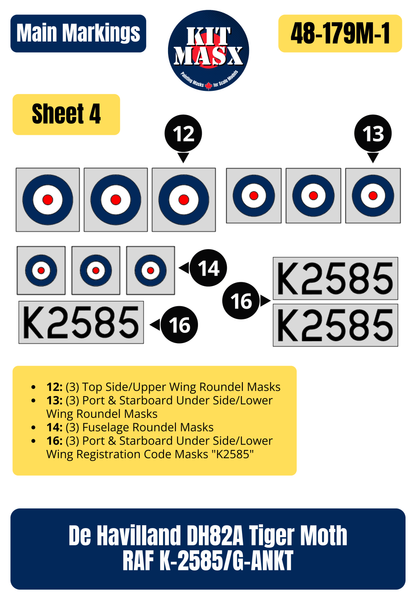 De Havilland DH82A Tiger Moth RAF K-2585/G-ANKT 1/48 Main Marking Paint Masks