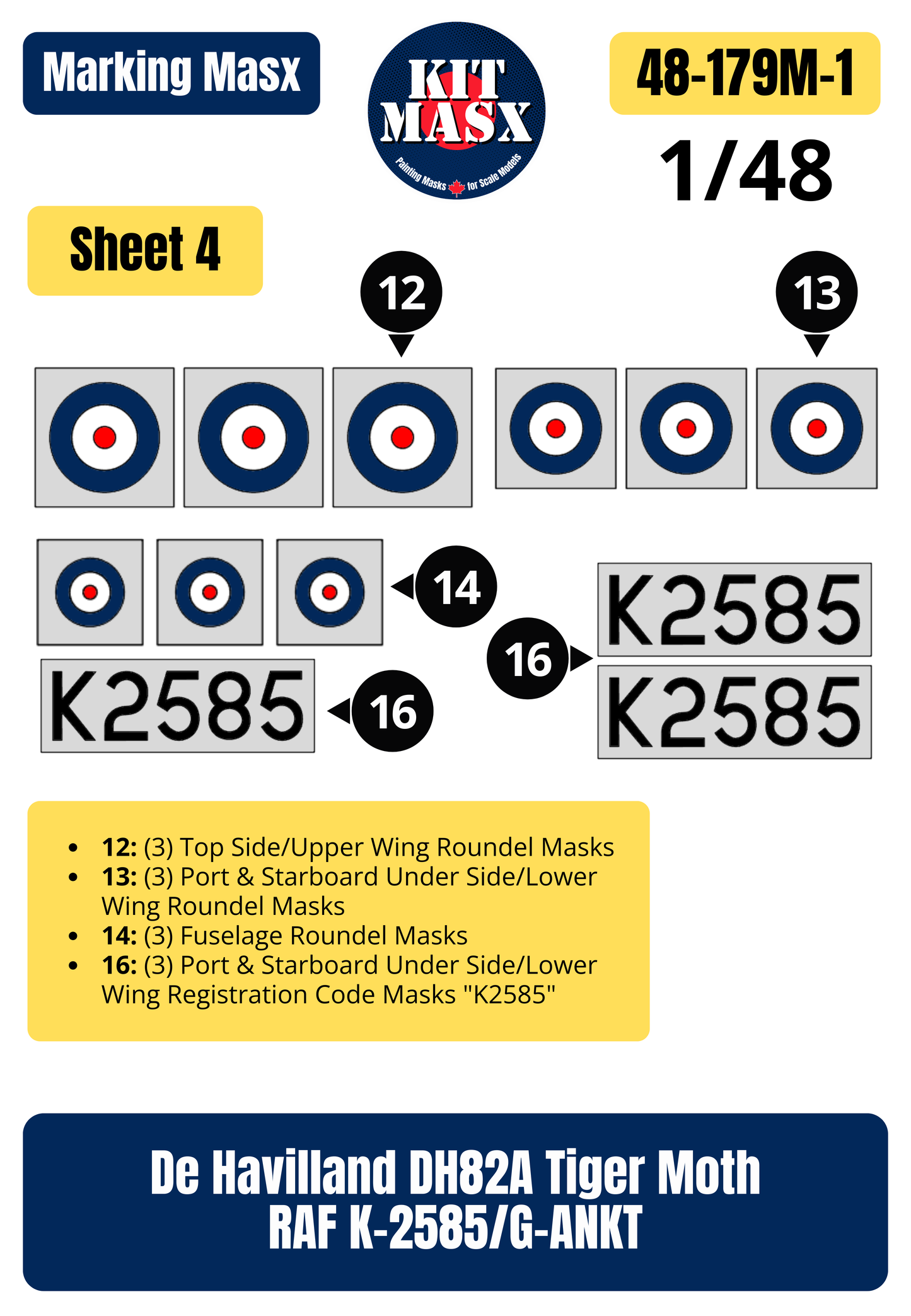 De Havilland DH82A Tiger Moth RAF K-2585/G-ANKT 1/48 Main Marking Paint Masks (48179M1)