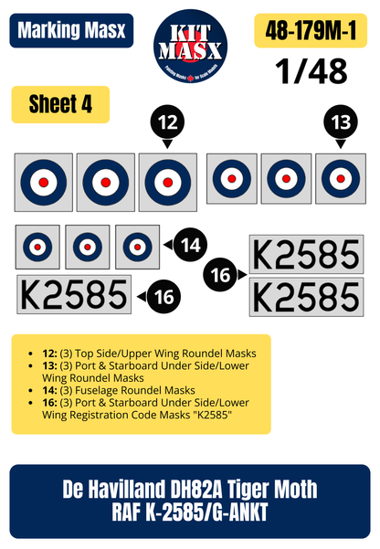 De Havilland DH82A Tiger Moth RAF K-2585/G-ANKT 1/48 Main Marking Paint Masks (48179M1)