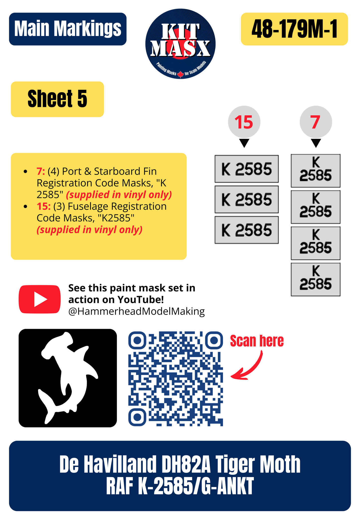 De Havilland DH82A Tiger Moth RAF K-2585/G-ANKT 1/48 Main Marking Paint Masks