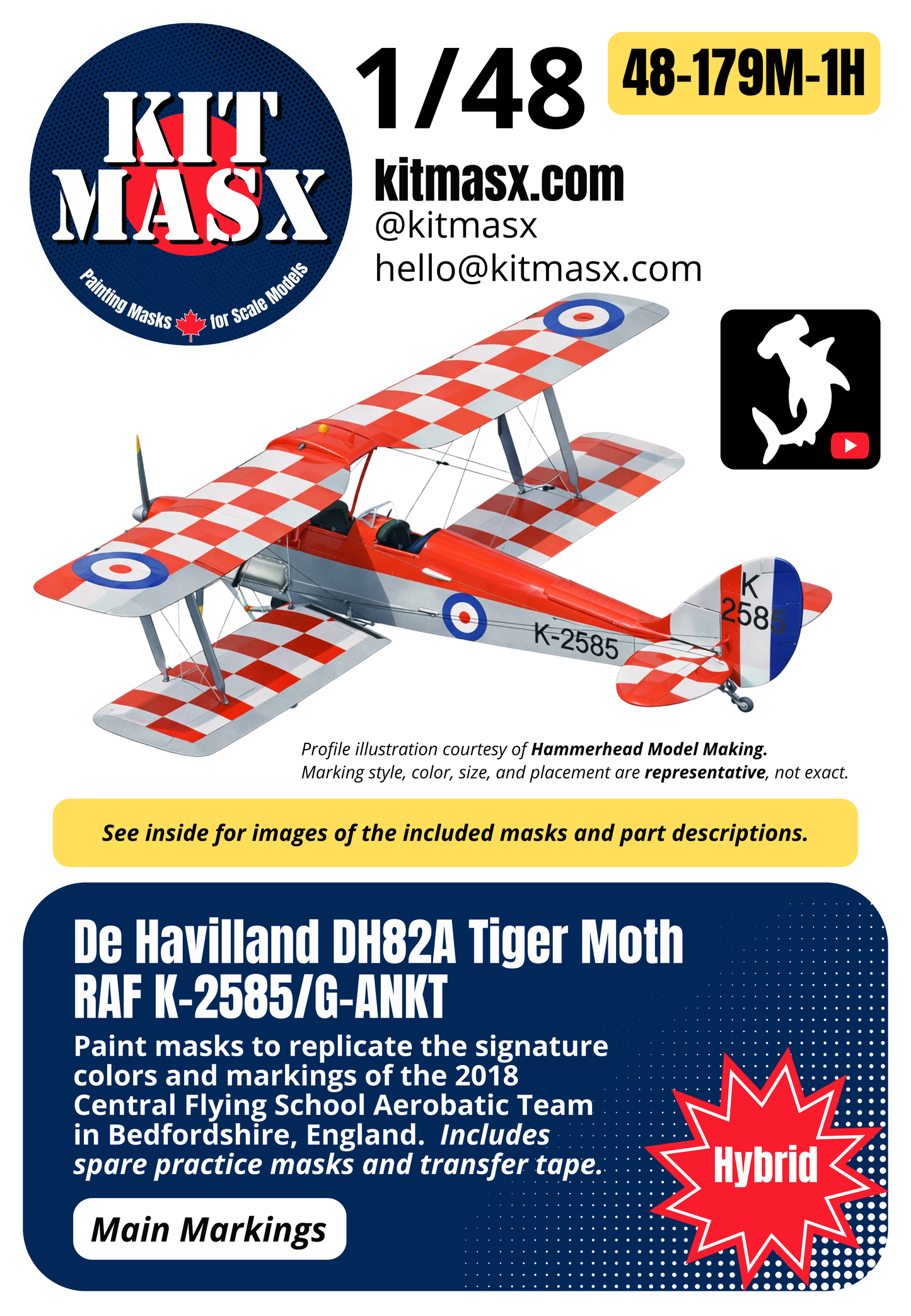 De Havilland DH82A Tiger Moth RAF K-2585/G-ANKT 1/48 Main Marking Paint Masks