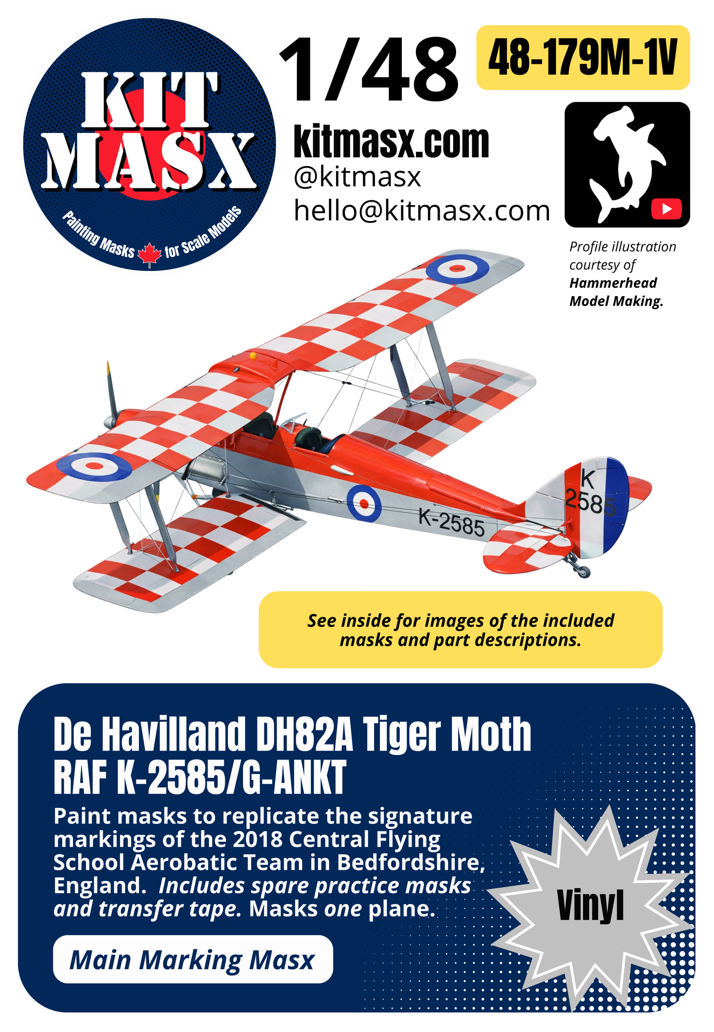 De Havilland DH82A Tiger Moth RAF K-2585/G-ANKT 1/48 Main Marking Paint Masks (48179M1)
