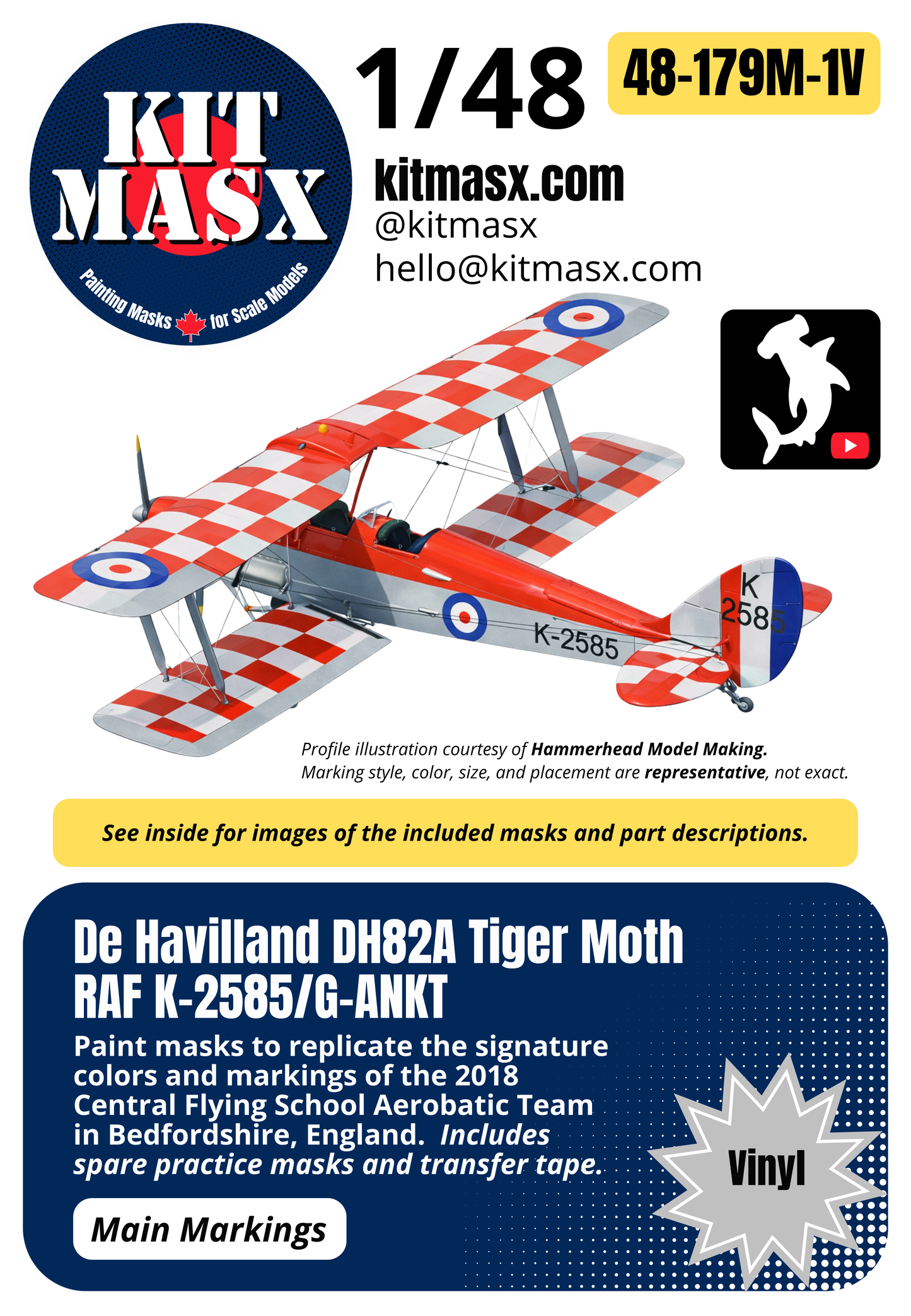 De Havilland DH82A Tiger Moth RAF K-2585/G-ANKT 1/48 Main Marking Paint Masks