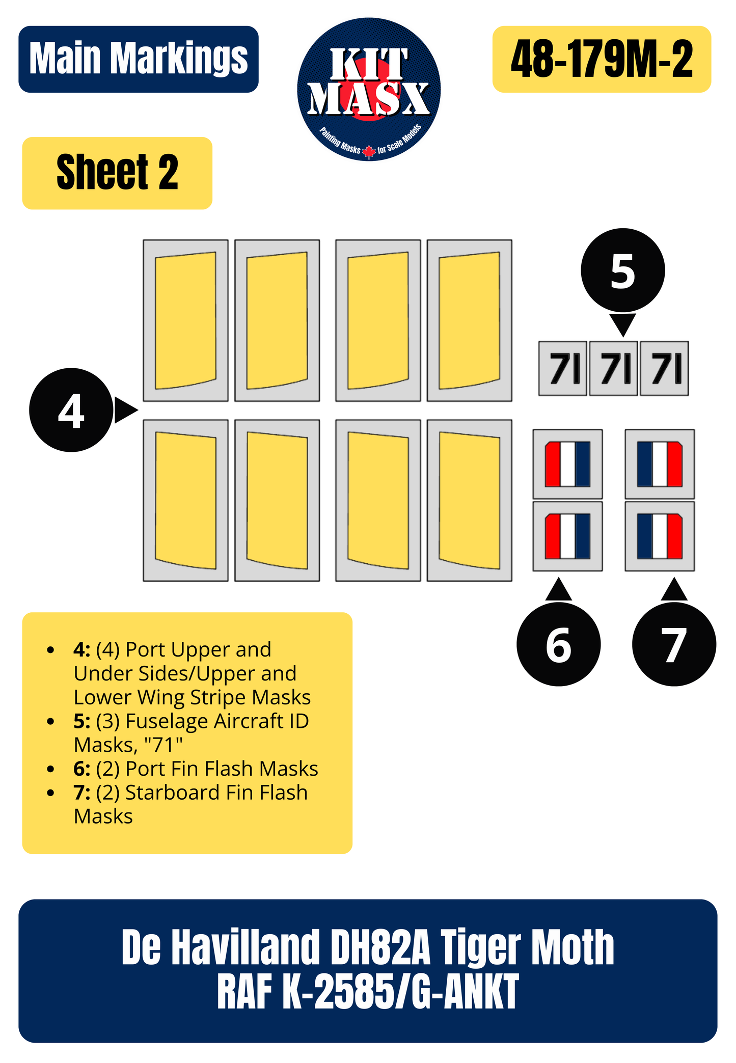 De Havilland DH82A Tiger Moth RAF K-4259/G-ANMO 1/48 Main Marking Paint Masks