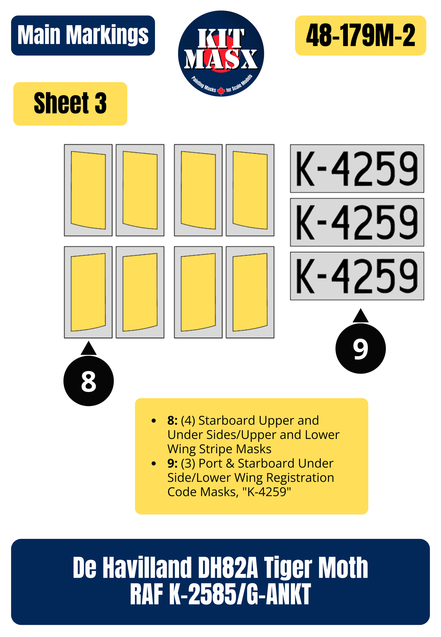 De Havilland DH82A Tiger Moth RAF K-4259/G-ANMO 1/48 Main Marking Paint Masks