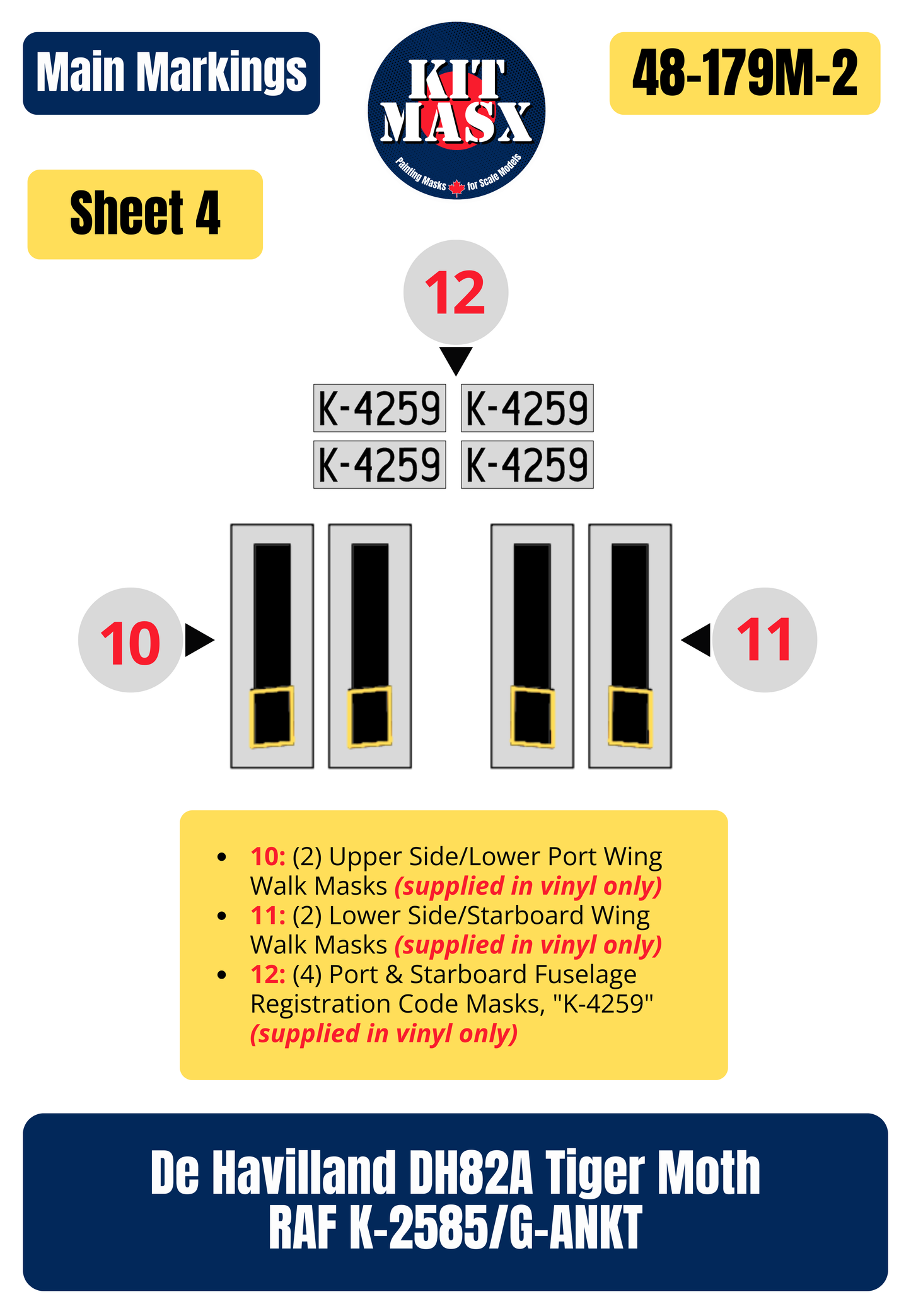De Havilland DH82A Tiger Moth RAF K-4259/G-ANMO 1/48 Main Marking Paint Masks