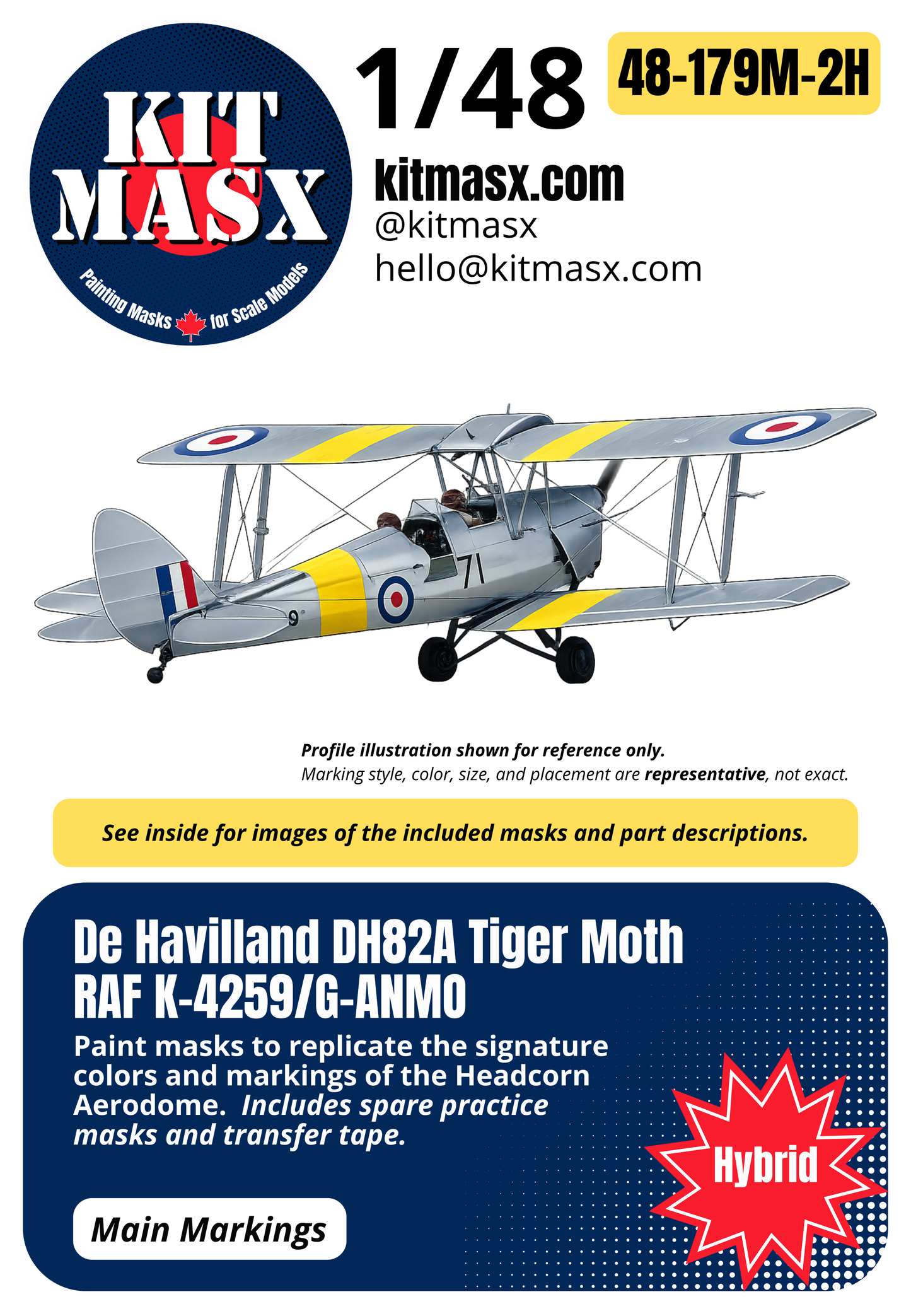 De Havilland DH82A Tiger Moth RAF K-4259/G-ANMO 1/48 Main Marking Paint Masks