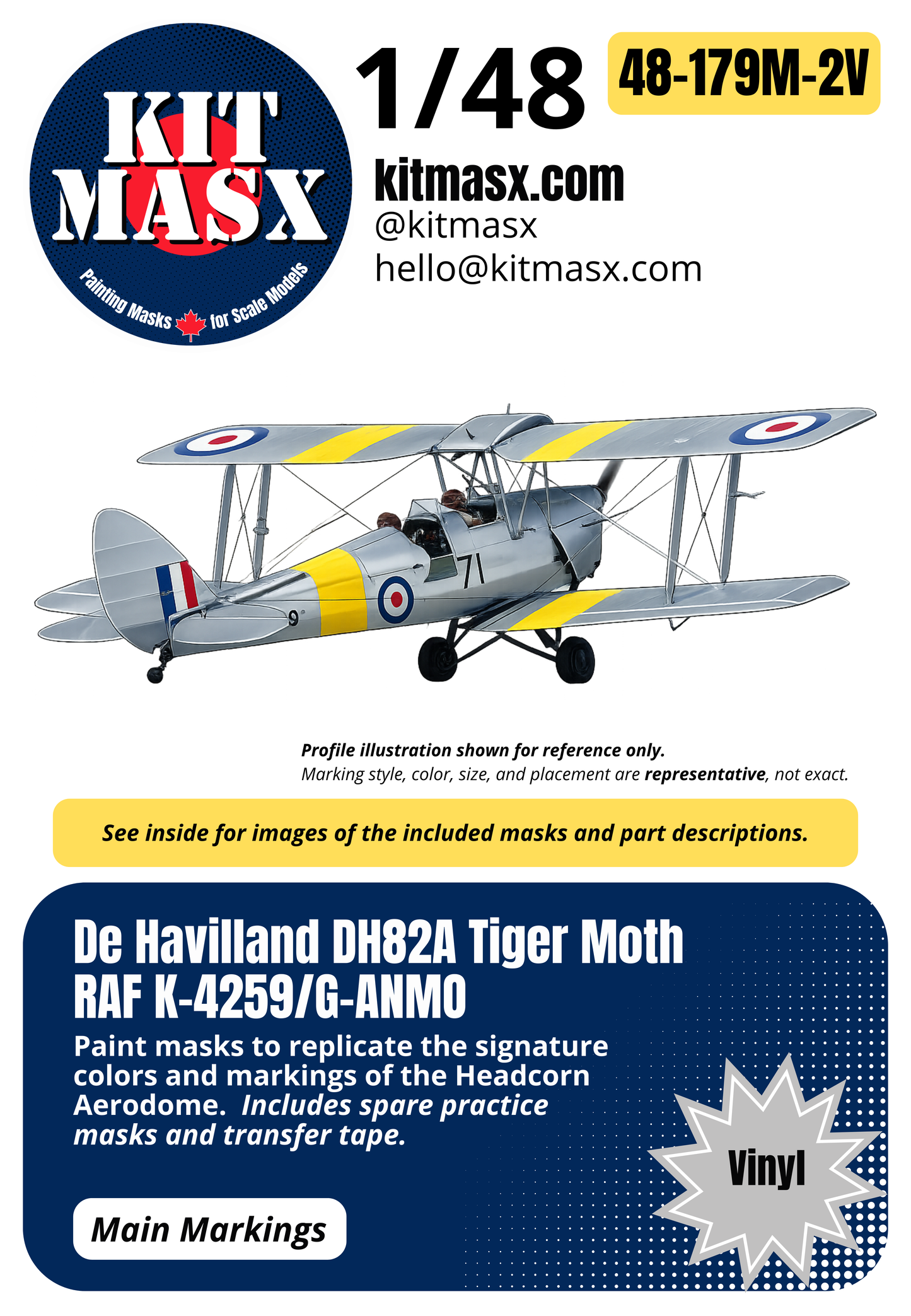 De Havilland DH82A Tiger Moth RAF K-4259/G-ANMO 1/48 Main Marking Paint Masks