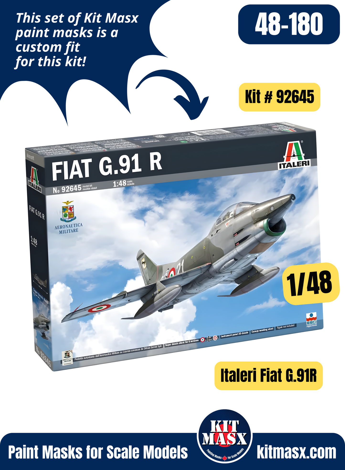 Italeri Fiat G.91 R-1/R-3/R-4 "Gina" 1/48 Canopy & Wheel Paint Masks, Kit # 92645