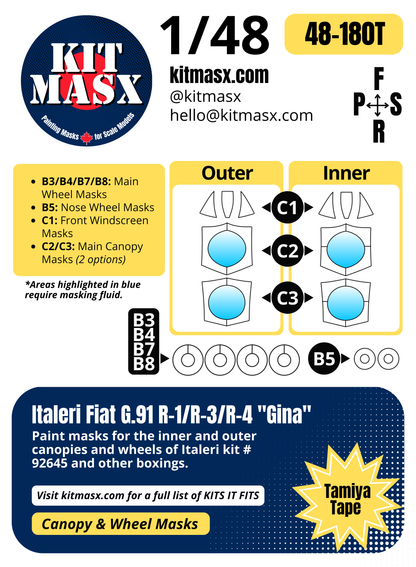 Italeri Fiat G.91 R-1/R-3/R-4 "Gina" 1/48 Canopy & Wheel Paint Masks, Kit # 92645