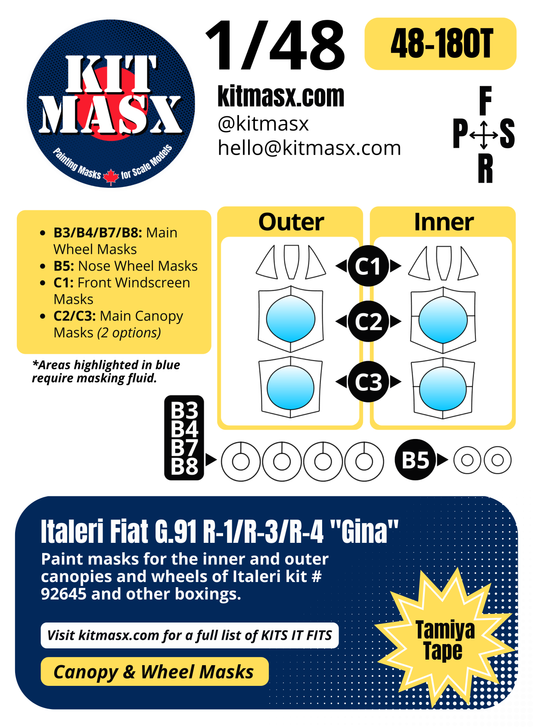 Italeri Fiat G.91 R-1/R-3/R-4 "Gina" 1/48 Canopy & Wheel Paint Masks, Kit # 92645