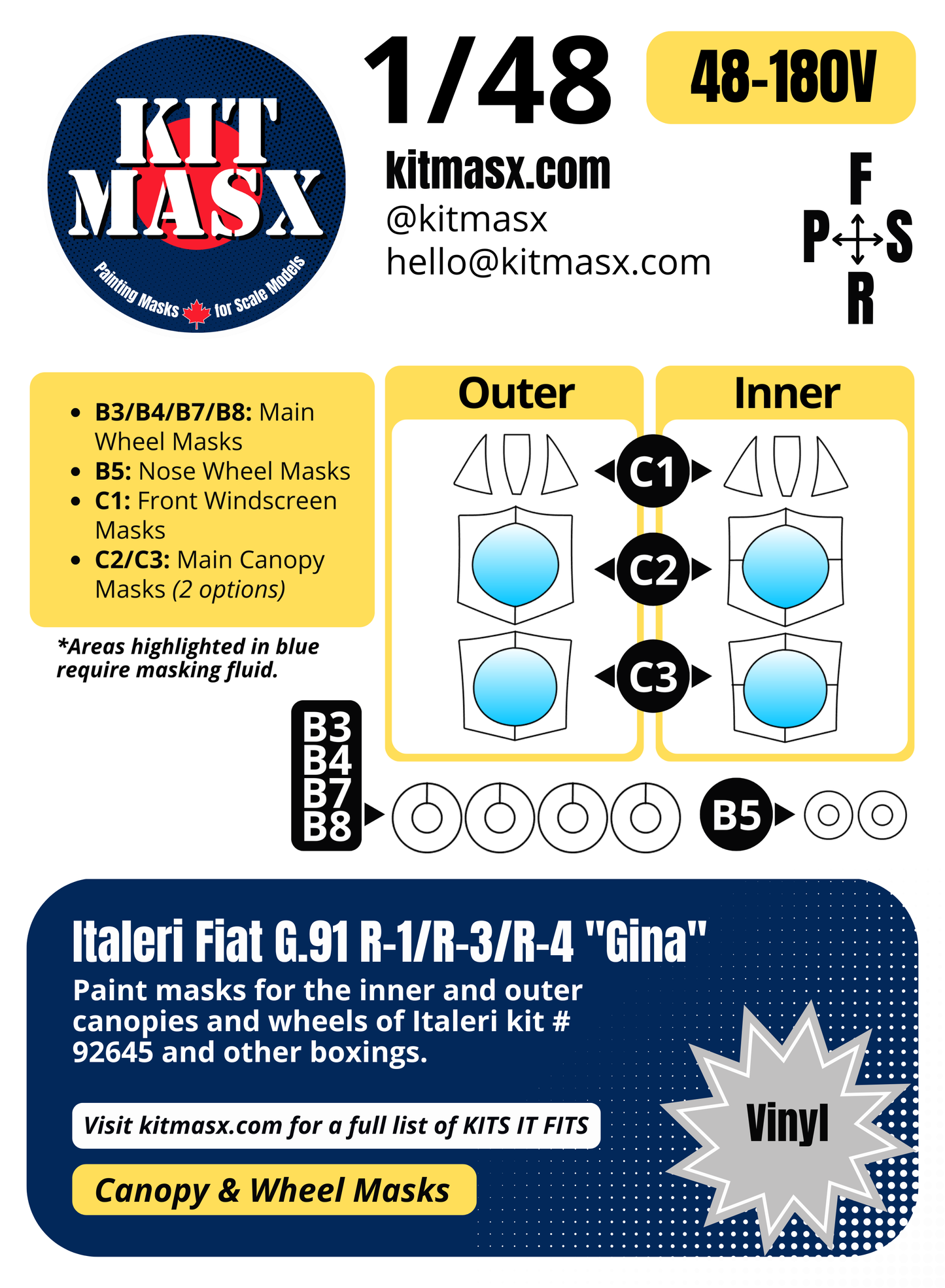 Italeri Fiat G.91 R-1/R-3/R-4 "Gina" 1/48 Canopy & Wheel Paint Masks, Kit # 92645