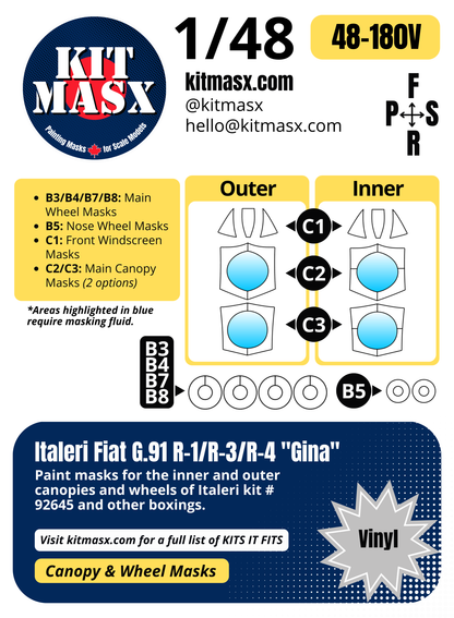 Italeri Fiat G.91 R-1/R-3/R-4 "Gina" 1/48 Canopy & Wheel Paint Masks, Kit # 92645